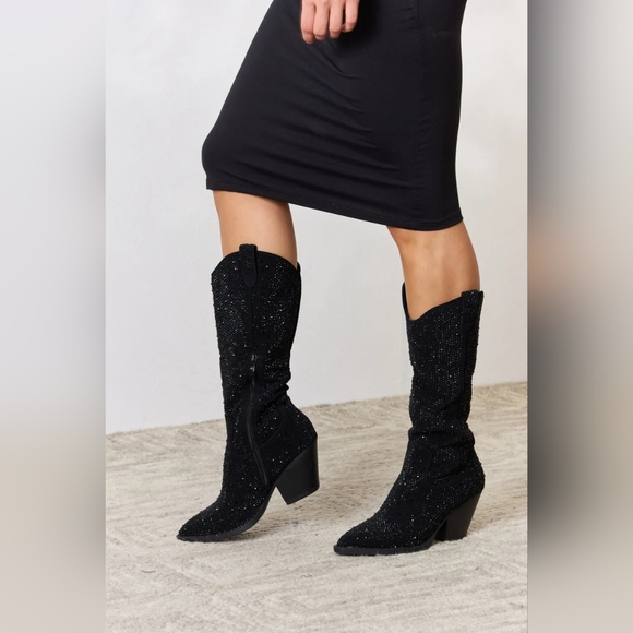 Forever Link Designer Black Rhinestone Knee High Cowboy Boots - Picture 7 of 7